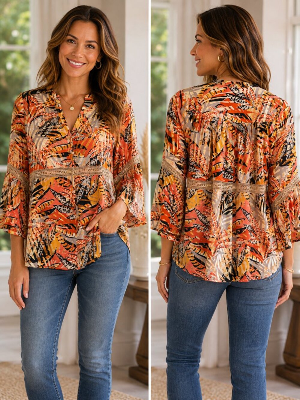 🧡 IMAN Tropical Print Blouse Size S Bell Sleeve Lace Inset Boho🧡